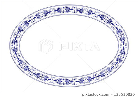 Blue oval plate with floral design. Oval floral european pattern frame arabesque. Vintage, ethnic frame with greek pattern. Pattern frame for oval surface, textile, embroidery, ceramic, porcelain 125530820