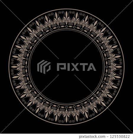 Vector round golden black pattern with arabesques, floral elements. Greek meander. Patterns of Greece and ancient Rome. Circle european border. Typical egyptian, assyrian, greek motive. For textile 125530822