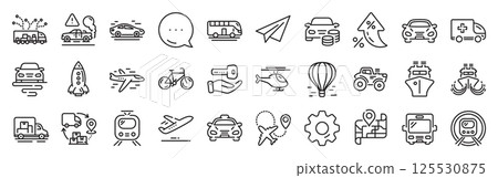Transport line icons. Settings gear, Message, Inflation icons. Taxi, Helicopter and subway train icons. Truck car, Tram and Air balloon transport. Bike, Airport airplane and Ship, subway. Vector Transport line icons. Settings gear, Message, Inflation icons. Taxi, Helicopter and subway train icons. Truck car, Tram and Air balloon transport. Bike, Airport airplane and Ship, subway. Vector 125530875