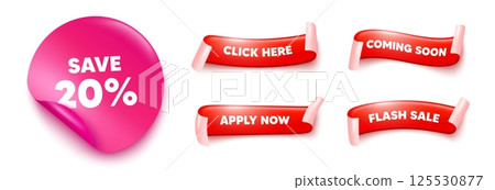 Discount sticker, offer ribbons. Apply now, Flash sale. Save 20 percent off tag. Sale Discount offer price sign. Special offer symbol. Pink sticker tag. Flag ribbon banners. Vector Discount sticker, offer ribbons. Apply now, Flash sale. Save 20 percent off tag. Sale Discount offer price sign. Special offer symbol. Pink sticker tag. Flag ribbon banners. Vector 125530877