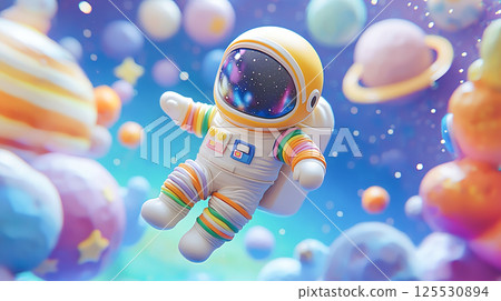Colorful and fantastical 3D illustration of an astronaut floating in space 125530894