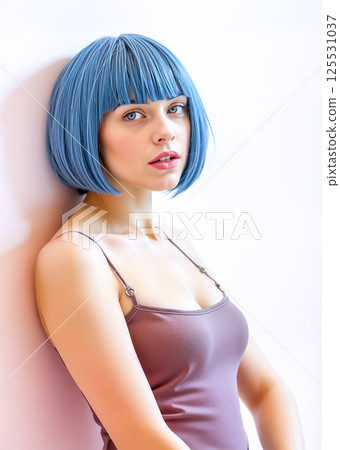 身穿吊帶背心、頭髮呈現淺藍色的年輕女子 身穿吊帶背心、頭髮呈現淺藍色的年輕女子 125531037