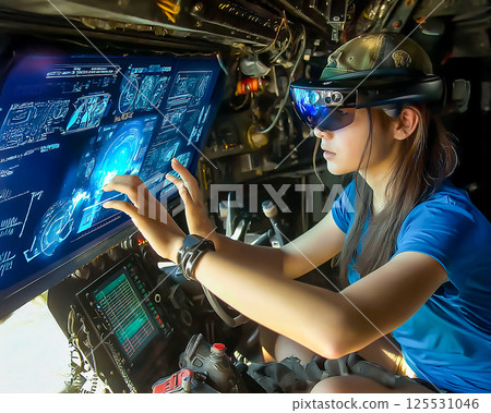 Image of a woman wearing VR goggles and operating a screen Image of a woman wearing VR goggles and operating a screen 125531046