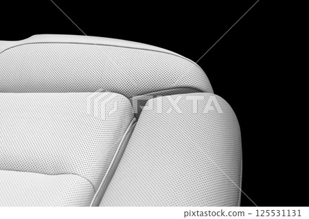 White leather interior of the luxury modern car. Perforated white leather comfortable seats with stitching isolated on black background. Modern car interior details. Car detailing. Car inside White leather interior of the luxury modern car. Perforated white leather comfortable seats with stitching isolated on black background. Modern car interior details. Car detailing. Car inside 125531131
