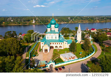Aerial view of Resurrection Cathedral in Tutayev and Volga river in summer, Russia Aerial view of Resurrection Cathedral in Tutayev and Volga river in summer, Russia 125531270