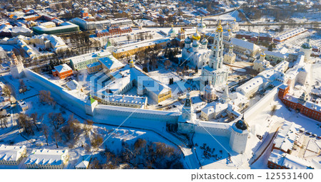 View from the drone of the Trinity-Sergius Lavra and residential quarters of the city of Sergiev Posad. 125531400