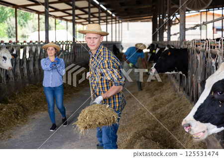 Group of proffesional farmers working on dairy farm Group of proffesional farmers working on dairy farm 125531474