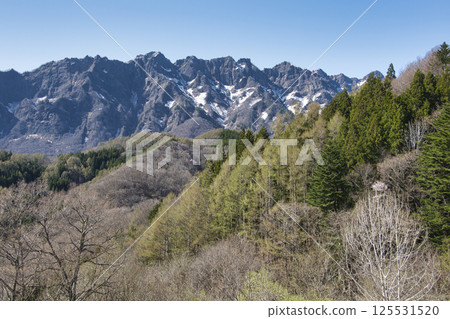 View of the Togakushi mountain range from Daibo Pass, Nagano City, Nagano Prefecture View of the Togakushi mountain range from Daibo Pass, Nagano City, Nagano Prefecture 125531520