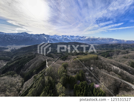 View of the majestic Ushiro-Tateyama mountain range from Shirasawa Pass (panoramic photo) Hakuba Village, Nagano Prefecture (aerial photo taken by drone) 125531527