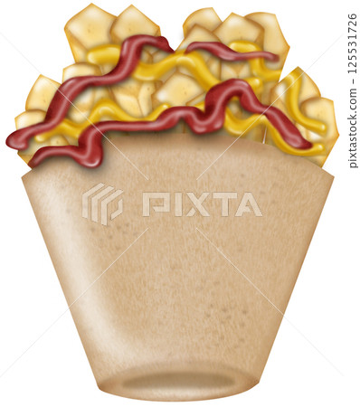 French fries illustration. Potato street fast food menu hand drawn. French fried potato in cardboard pack box. Fast food, junk. French fries illustration. Potato street fast food menu hand drawn. French fried potato in cardboard pack box. Fast food, junk. 125531726