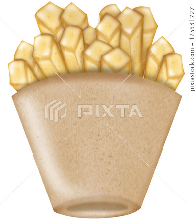 French fries illustration. Potato street fast food menu hand drawn. French fried potato in cardboard pack box. Fast food, junk. French fries illustration. Potato street fast food menu hand drawn. French fried potato in cardboard pack box. Fast food, junk. 125531727