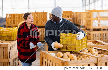 Man and woman farmers talking during stacking pumpkins Man and woman farmers talking during stacking pumpkins 125531869