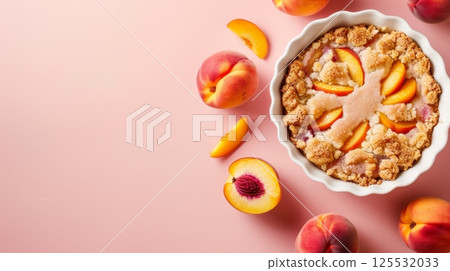 Cobbler cake fruit dessert for family time snack, flat lay view 125532033