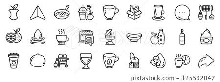 Grill tools, Food market and Gas grill line icons pack. Share, Message, Paper plane icons. Orange, Healthy food, Coffee web icon. Teacup, Recycle water, Takeaway coffee pictogram. Vector 125532047