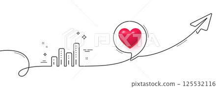 Graph line icon. Continuous line with share plane. Column chart sign. Growth diagram symbol. 3d heart in speech bubble. Graph chart single line ribbon. Loop curve pattern. Vector 125532116