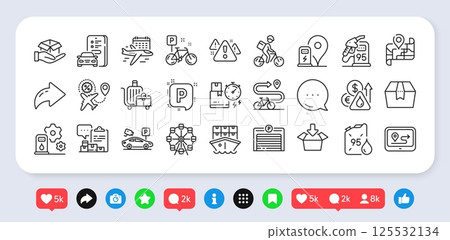 Shipment, Select flight and Flight sale line icons pack. Social media: share, comment, like icons. Petrol station, Bike path, Map web icon. Inventory report, Bike, Baggage cart pictogram. Vector Shipment, Select flight and Flight sale line icons pack. Social media: share, comment, like icons. Petrol station, Bike path, Map web icon. Inventory report, Bike, Baggage cart pictogram. Vector 125532134
