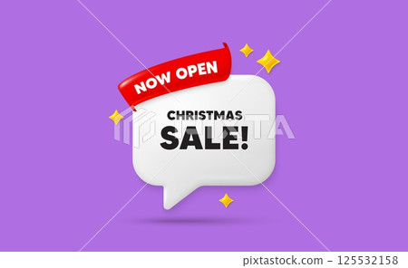Christmas sale ribbon speech bubble. Now open flag ribbon. Christmas Sale tag. Special offer price sign. Advertising Discounts symbol. 3d sparkle stars speech bubble. Vector 125532158