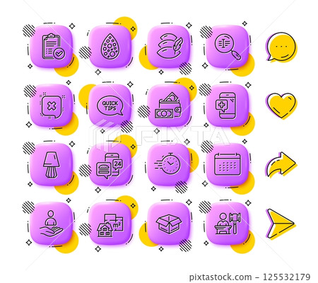 Calendar, Timer and Search text line icons. App 3d buttons. Social media comment, share, like icons. Pack of Quickstart guide, Recruitment, Artificial colors icon. Vector 125532179