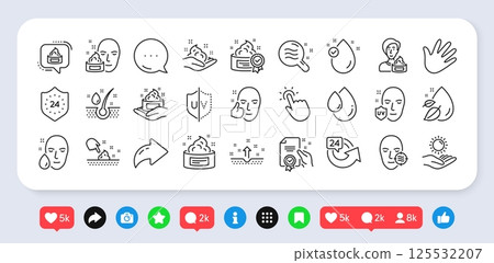 Skin care cosmetic line icons. Social media: share, comment, like icons. Serum drop, Cream and Face gel or lotion icons. Uv protection. Oil, Vitamin E and Collagen symbols. Vector 125532207
