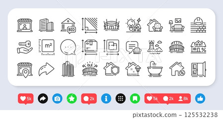 Lounge place, Mortgage and Market seller line icons pack. Social media: share, comment, like icons. Open door, Building energy, Triangle area web icon. Vector 125532238