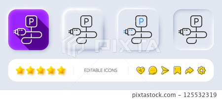 Charging parking line icon. Neumorphic, Flat shadow, 3d buttons. Car charge place sign. Electric power plug symbol. Line charging parking icon. Social media icons. Vector 125532319