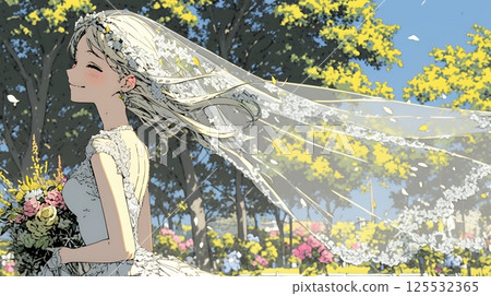 Bride wearing a white wedding dress: June bride 125532365