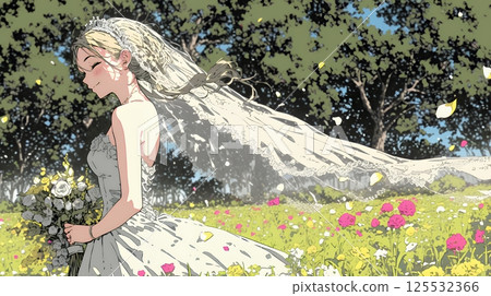 Bride wearing a white wedding dress: June bride 125532366