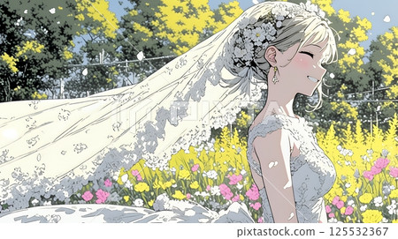 Bride wearing a white wedding dress: June bride 125532367