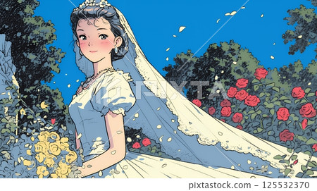 Bride wearing a white wedding dress: June bride 125532370