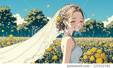 Bride wearing a white wedding dress: June bride 125532382