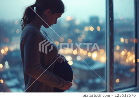 Silhouette of a Pregnant Woman by the Window. Embracing Motherhood Amid Urban Life 125532570
