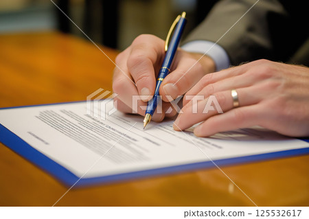 Professional Business Agreement Signed with Pen on a Table in a Corporate Setting 125532617