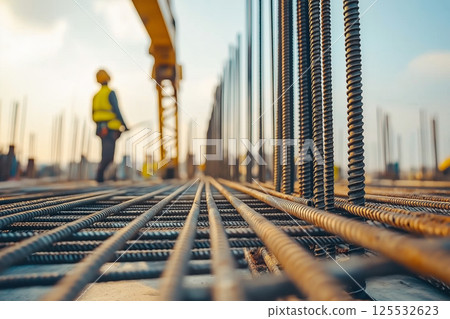 A blurred view of Construction Site with Steel Reinforcement Bars and Worker in Safety Gear 125532623