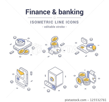 Detailed isometric line icons set focused on finance and banking concepts for modern infographics 125532781