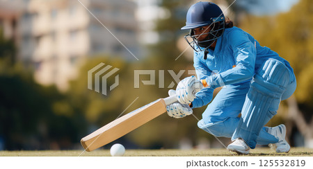 Female cricketer in blue uniform playing cricket on sports field, focused and determined action 125532819