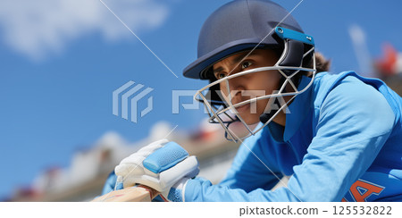 Female Indian cricketer in blue uniform wearing helmet and gloves, focused and determined 125532822