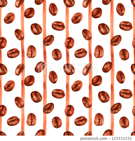 Seamless pattern of coffee beans on vertical stripes background. Aroma of Robusta and Arabica varieties. Watercolor illustration. Hand drawn design for fabric, textile, paper, wallpaper. Coffee day Seamless pattern of coffee beans on vertical stripes background. Aroma of Robusta and Arabica varieties. Watercolor illustration. Hand drawn design for fabric, textile, paper, wallpaper. Coffee day 125533152
