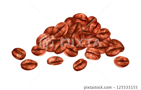 Handful of coffee beans. Composition of Robusta and Arabica varieties. Watercolor and marker illustration. Hand drawn isolated art. International Coffee Day. Production, harvest, caffeinated drink Handful of coffee beans. Composition of Robusta and Arabica varieties. Watercolor and marker illustration. Hand drawn isolated art. International Coffee Day. Production, harvest, caffeinated drink 125533155