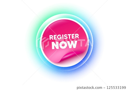 Register now sticker blue gradient. Paper offer price tag. Register now tag. Free registration offer. Create an account message. Sticker label. Grain dots effect. Vector 125533199