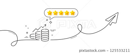 Growth chart line icon. Continuous line with share plane. Coins money sign. Business income symbol. Five star rate review in speech bubble. Growth chart single line ribbon. Loop curve pattern. Vector 125533211