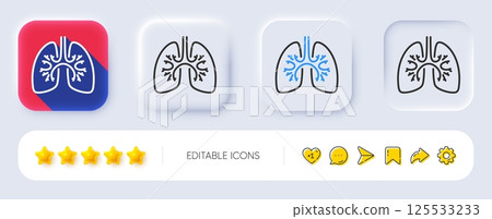 Lungs line icon. Neumorphic, Flat shadow, 3d buttons. Pneumonia disease sign. Respiratory distress symbol. Line lungs icon. Social media icons. Vector 125533233