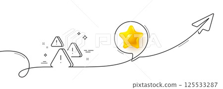 Attention line icon. Continuous line with share plane. Important warnings sign. Danger warn symbol. 3d star in speech bubble. Attention single line ribbon. Loop curve pattern. Vector 125533287