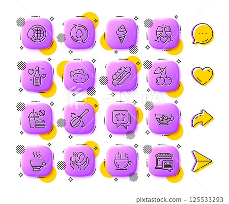 Ice cream, Love champagne and Refill water line icons. App 3d buttons. Social media comment, share, like icons. Pack of Cold coffee, Wedding glasses, Coffee cup icon. Vector Ice cream, Love champagne and Refill water line icons. App 3d buttons. Social media comment, share, like icons. Pack of Cold coffee, Wedding glasses, Coffee cup icon. Vector 125533293