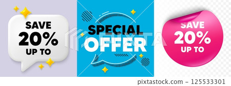 Discount speech bubble. 3d sparkles chat, Paper sticker. Save up to 20 percent tag. Discount Sale offer price sign. Special offer symbol. Special offer bubble. Halftone dots pattern. Vector 125533301