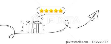 Spanner, hammer and screwdriver line icon. Continuous line with share plane. Repair service sign. Fix instruments symbol. Five star rate review in speech bubble. Vector Spanner, hammer and screwdriver line icon. Continuous line with share plane. Repair service sign. Fix instruments symbol. Five star rate review in speech bubble. Vector 125533313