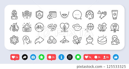 Medical drugs, Organic tested and Local grown line icons pack. Social media: share, comment, like icons. Medical support, Basketball, Bicycle prohibited web icon. Vector 125533325