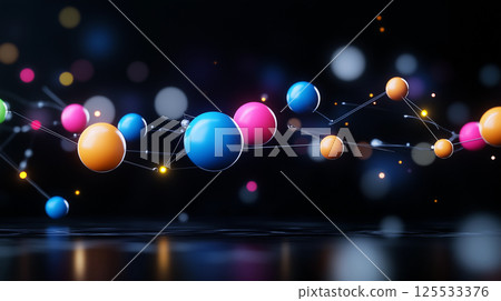 Colorful connected spheres representing abstract molecular or network structure on dark background with bokeh 125533376
