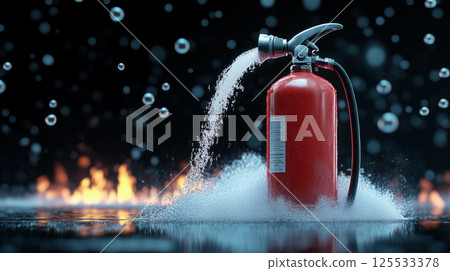 Cinematic close-up of a red fire extinguisher spraying foam to extinguish fire in dramatic slow-motion scene Cinematic close-up of a red fire extinguisher spraying foam to extinguish fire in dramatic slow-motion scene 125533378