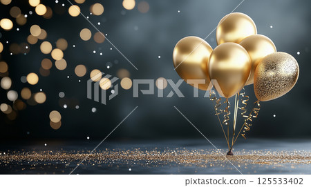 Luxurious golden balloons on dark festive background with sparkles and bokeh, perfect for elegant celebration designs 125533402