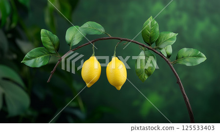 Two ripe lemons hanging from a curved branch with lush green leaves on a vivid green background, natural citrus scene 125533403